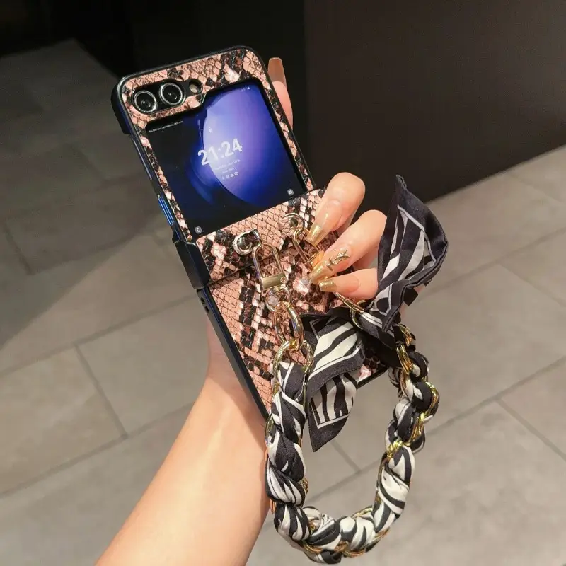 Fashionable & Elegant Leopard & Snake Print Phone Case with Scarf For Samsung Galaxy Z Flip 6/5/4/3
