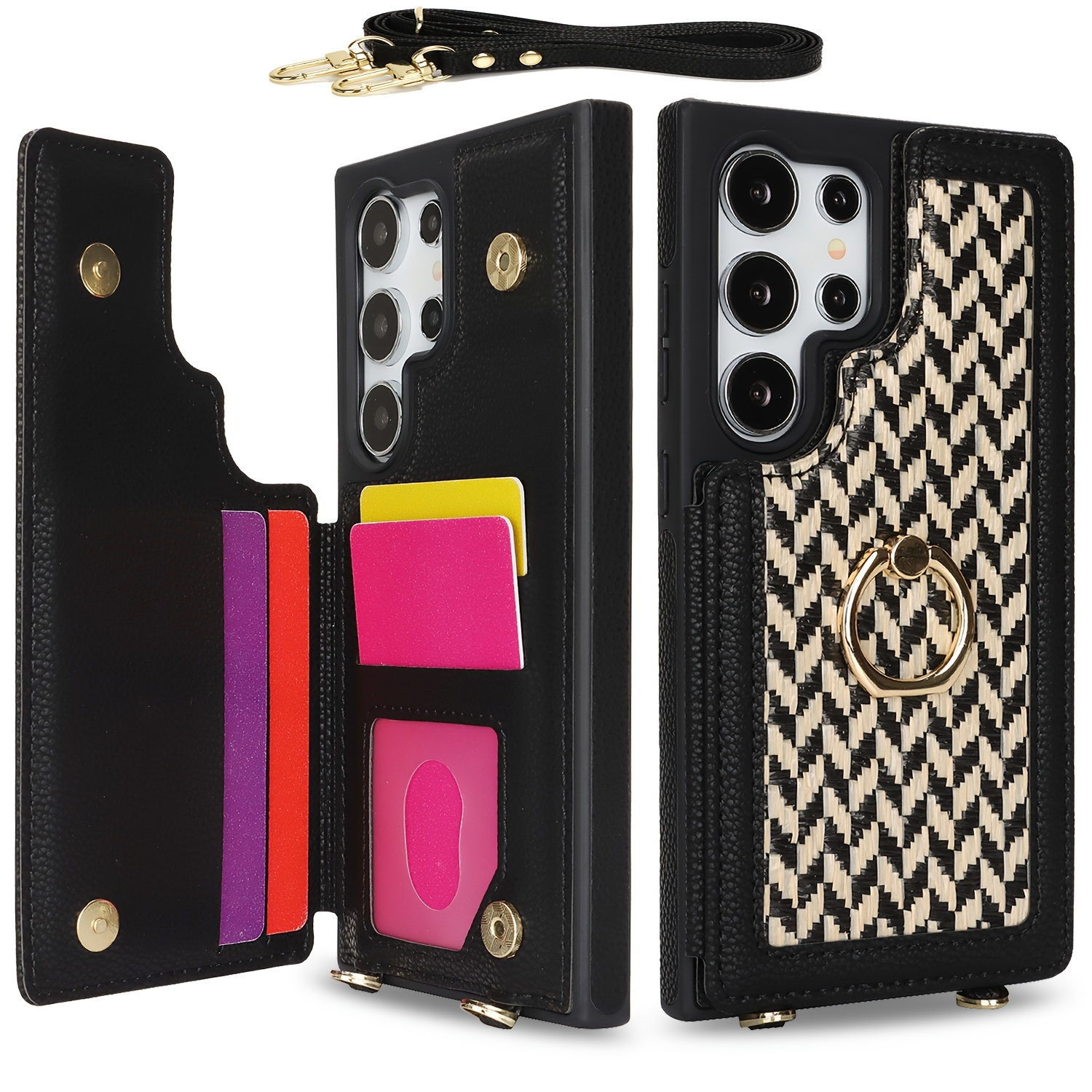 Printed Pattern Faux Leather Phone Case with Long Lanyard For Samsung Galaxy S24 Ultra Plus