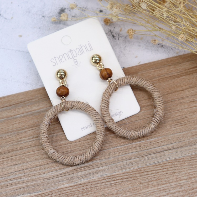 Retro handmade rattan woven earrings for women Bohemian beach holiday style versatile earrings temperament personality earrings