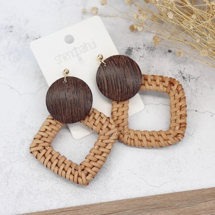 Retro handmade rattan woven earrings for women Bohemian beach holiday style versatile earrings temperament personality earrings
