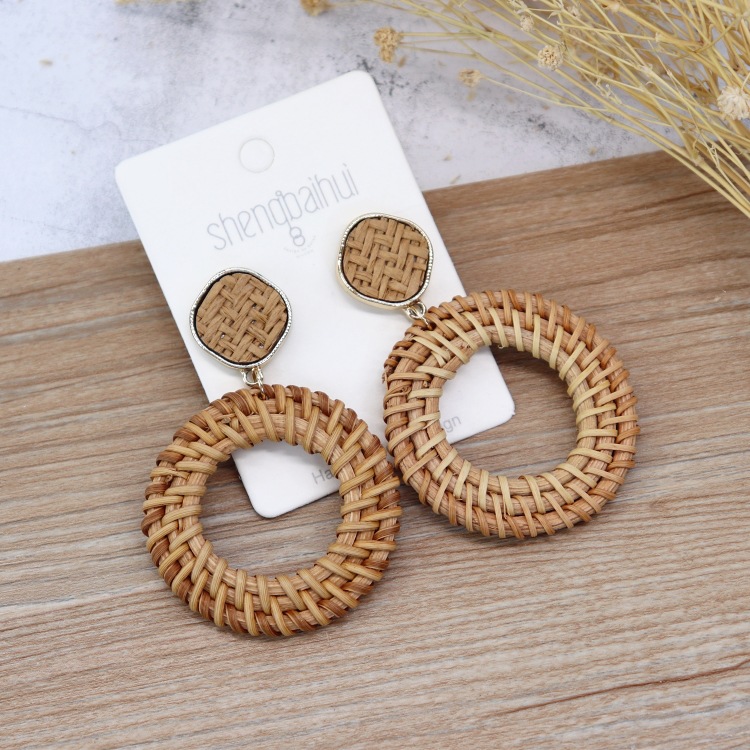 Retro handmade rattan woven earrings for women Bohemian beach holiday style versatile earrings temperament personality earrings