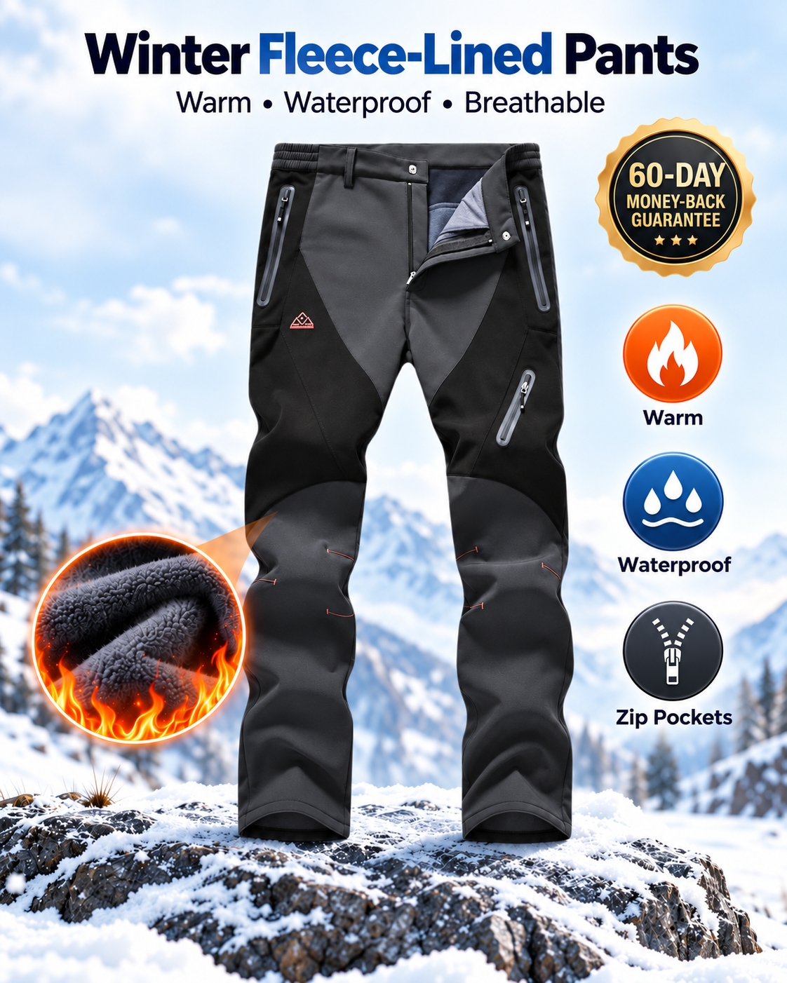 Men's Waterproof Pants Insulated Cold weather Hiking Winter Snow Ski Softshell Outdoor Pants
