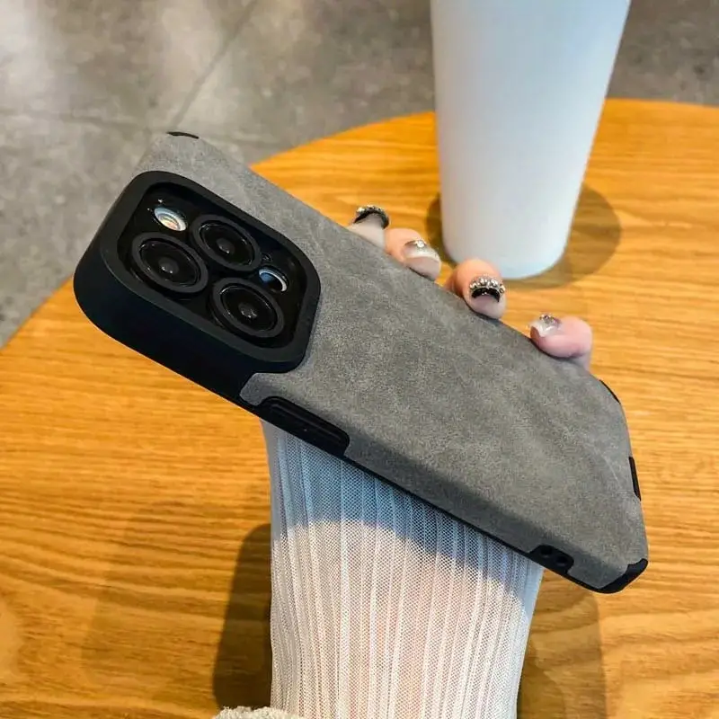 iphone 15 14 13 12 11 pro max fur leather case faux leather full lens protection cover details 3