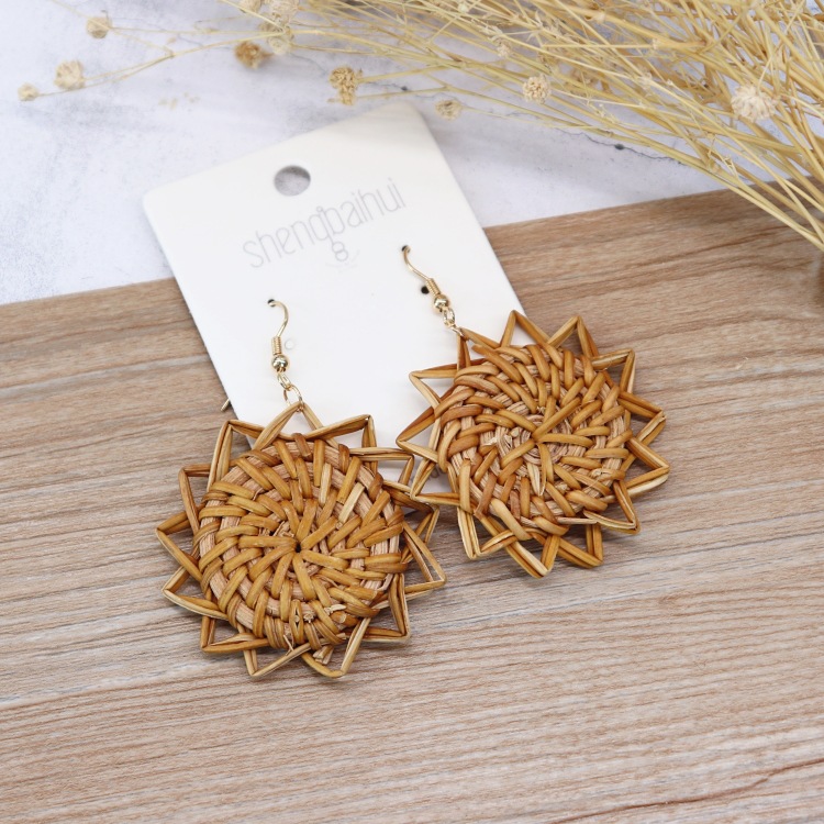 Retro handmade rattan woven earrings for women Bohemian beach holiday style versatile earrings temperament personality earrings