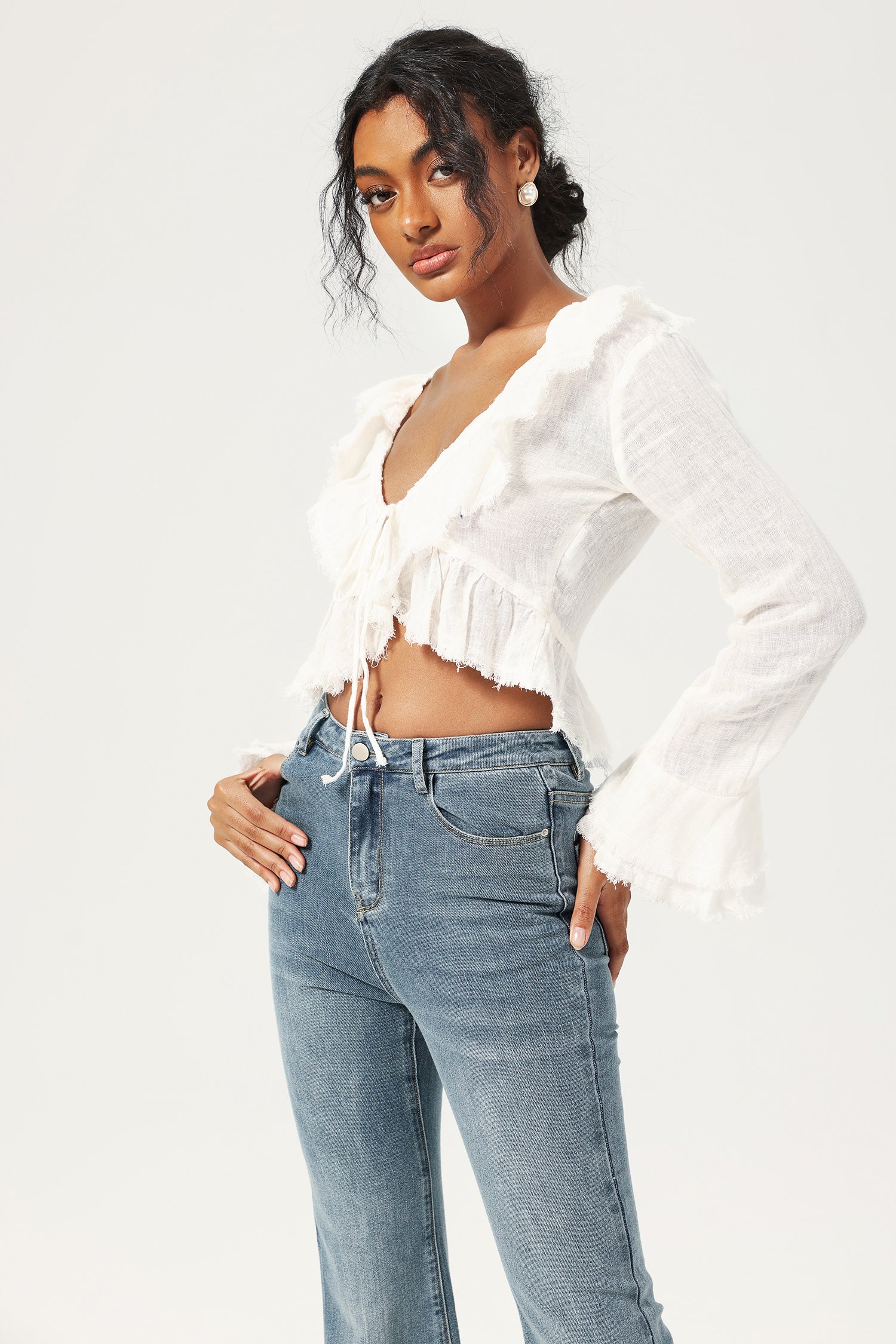 Flared Sleeve Bow Tie Layered Embellished Top