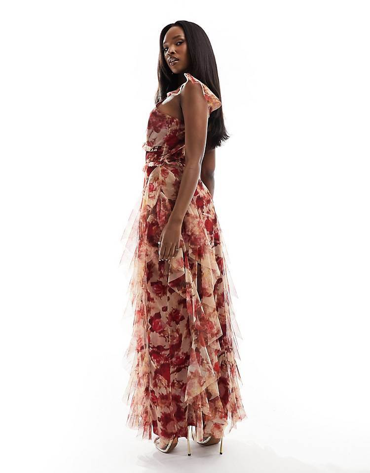 Deep Rose Print Ruffle Maxi Dress