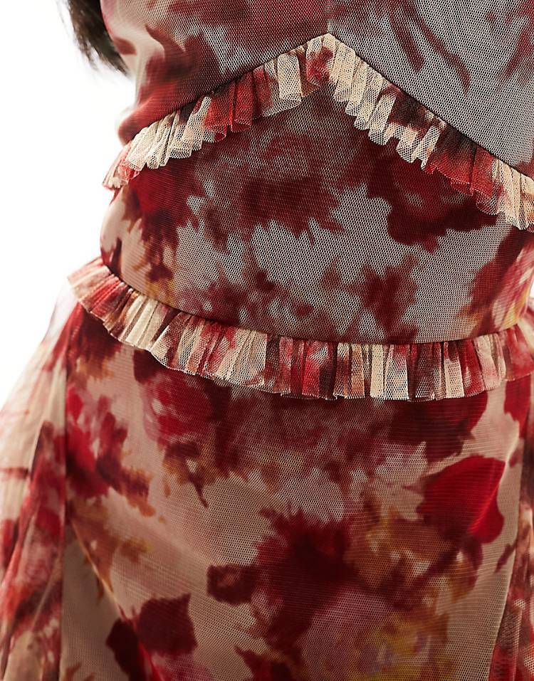 Deep Rose Print Ruffle Maxi Dress