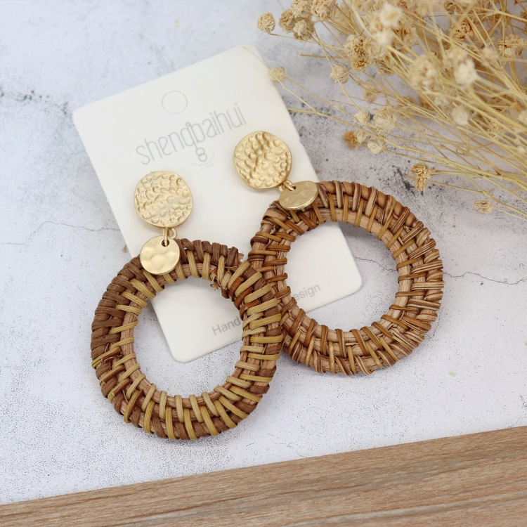 Retro handmade rattan woven earrings for women Bohemian beach holiday style versatile earrings temperament personality earrings