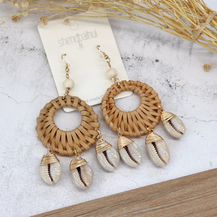 Retro handmade rattan woven earrings for women Bohemian beach holiday style versatile earrings temperament personality earrings