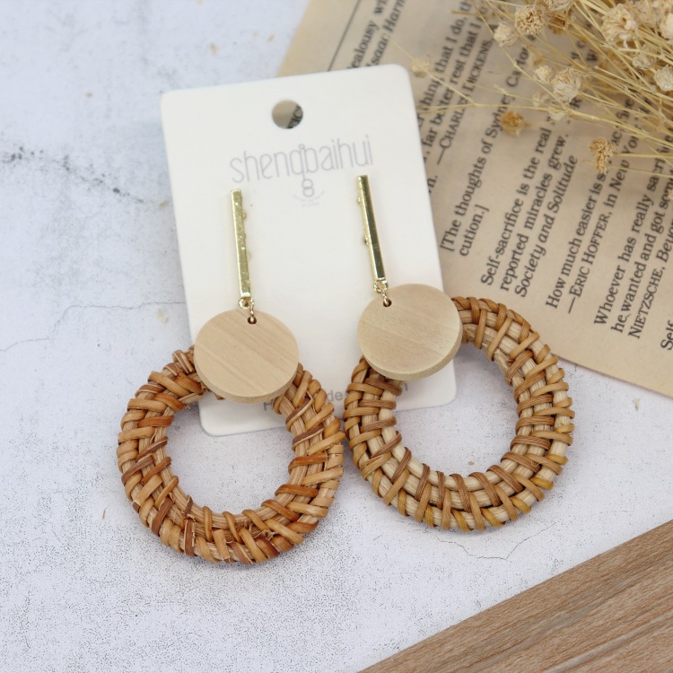 Retro handmade rattan woven earrings for women Bohemian beach holiday style versatile earrings temperament personality earrings