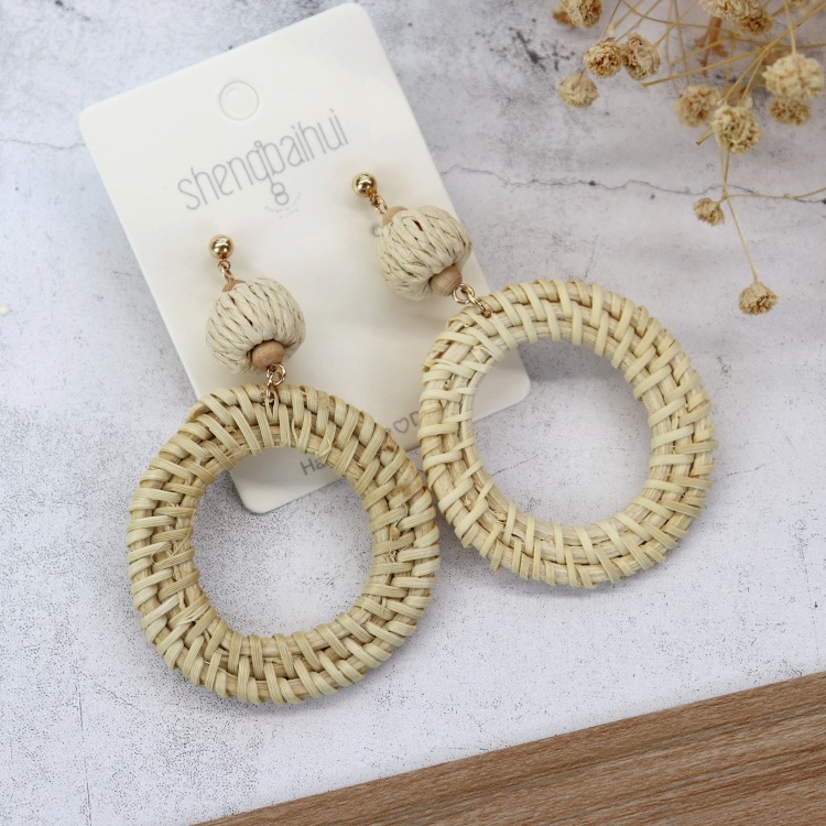 Retro handmade rattan woven earrings for women Bohemian beach holiday style versatile earrings temperament personality earrings