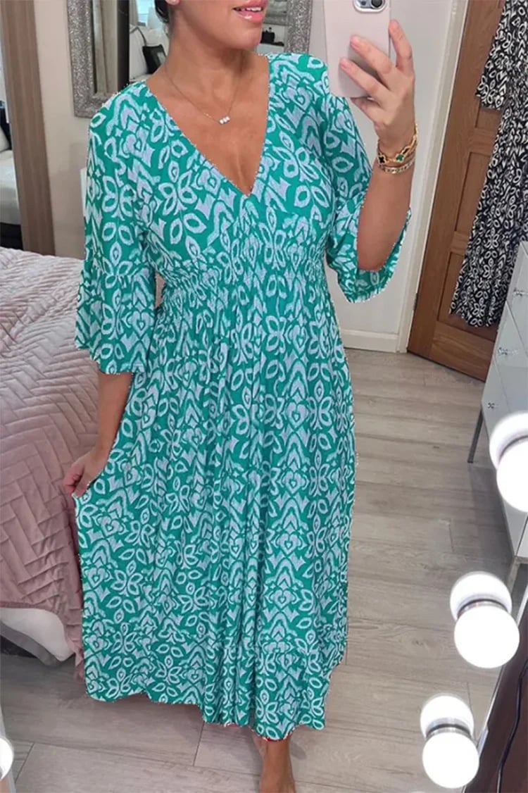 Bohemian Casual Print V-neck Waist Wrap Long Dress