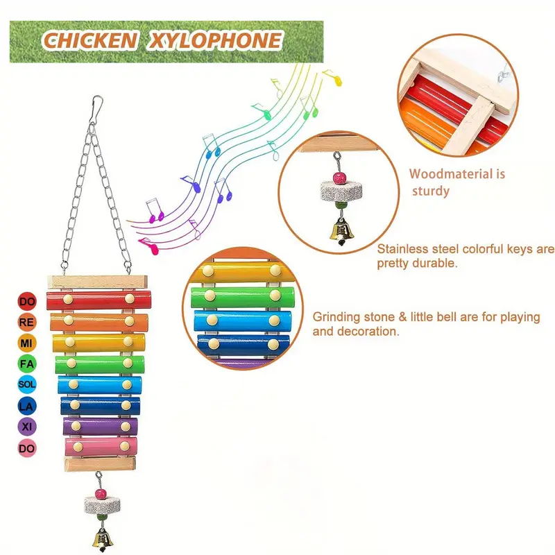 13-Piece Interactive Chicken Coop Playset - Chicken Xylophone, Chicken Swing Set, Chicken Mirror Toy, Chicken Flexible Ladder, Chicken Vegetable String Bag and Hanging Feeder, Fun Accessories for Pet Chickens and Parrots details 0