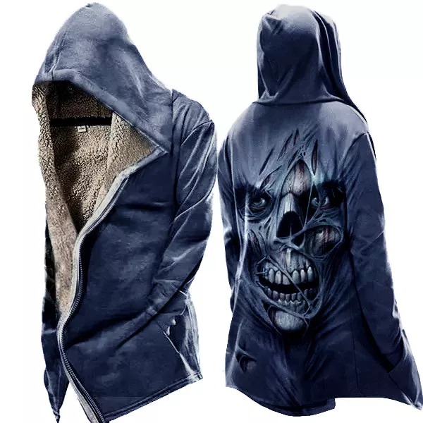 Mens Vintage Skull Print Tactical Zip Up Hooded Fleece Jacket
