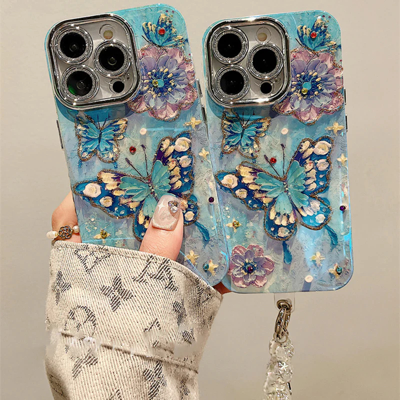 Ins Hot Oil Painting Butterfly Flower iPhone Cases With Bracelet