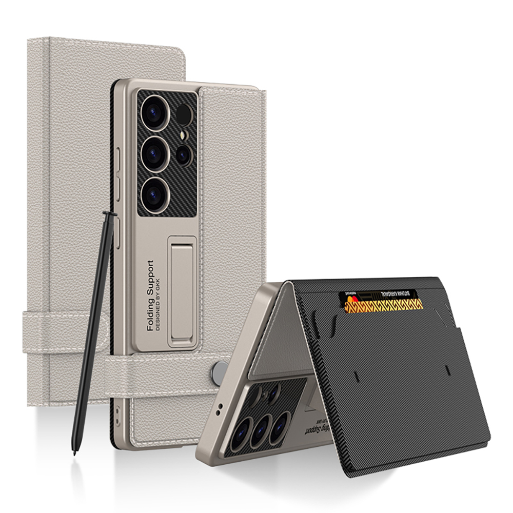 Carbon Fiber Bracket Shockproof Leather Wallet Phone Case For Samsung Galaxy S25/S24/S23 Ultra