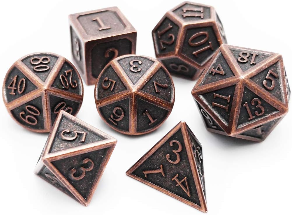 Haxtec Bloodstained Metal DND Dice Set Antique Iron Blood Metal D&D Dice Set Dragon Scale with Leather Dice Bag Bloodsplattered Metal Polyhedral Dice for Dungeons and Dragons TTRPG Gifts