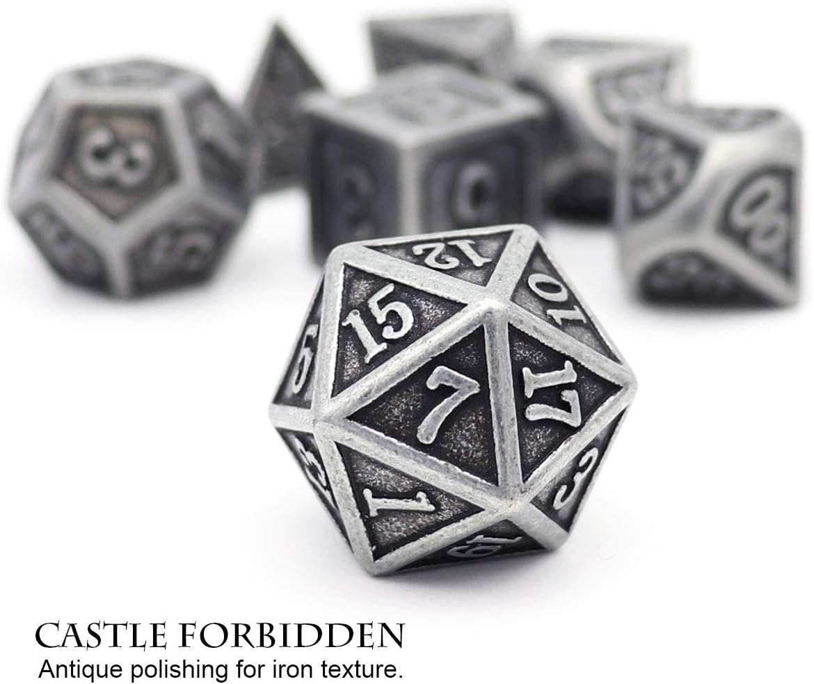 Haxtec Bloodstained Metal DND Dice Set Antique Iron Blood Metal D&D Dice Set Dragon Scale with Leather Dice Bag Bloodsplattered Metal Polyhedral Dice for Dungeons and Dragons TTRPG Gifts