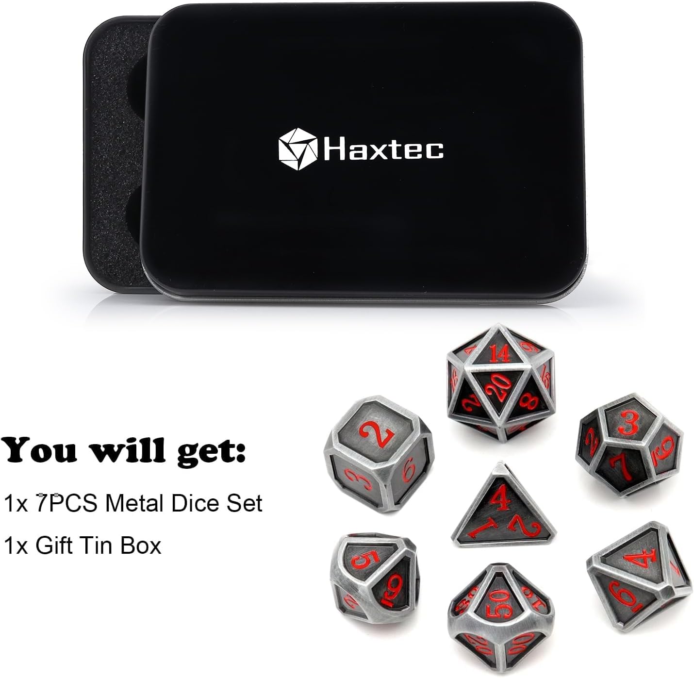 Haxtec Bloodstained Metal DND Dice Set Antique Iron Blood Metal D&D Dice Set Dragon Scale with Leather Dice Bag Bloodsplattered Metal Polyhedral Dice for Dungeons and Dragons TTRPG Gifts