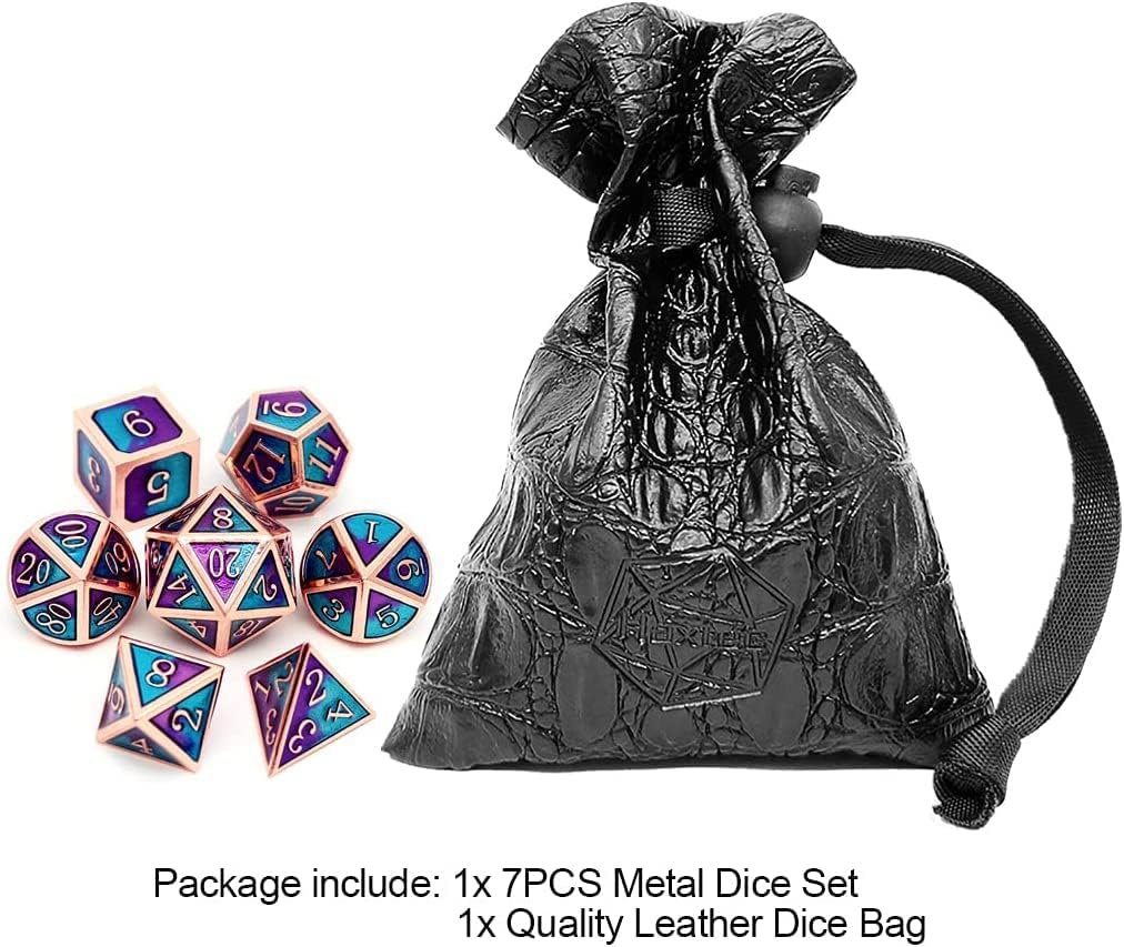 Haxtec Bloodstained Metal DND Dice Set Antique Iron Blood Metal D&D Dice Set Dragon Scale with Leather Dice Bag Bloodsplattered Metal Polyhedral Dice for Dungeons and Dragons TTRPG Gifts