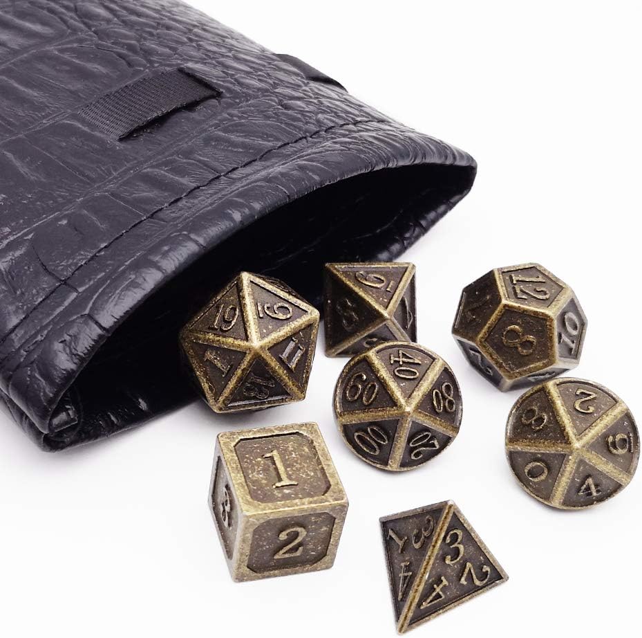 Haxtec Bloodstained Metal DND Dice Set Antique Iron Blood Metal D&D Dice Set Dragon Scale with Leather Dice Bag Bloodsplattered Metal Polyhedral Dice for Dungeons and Dragons TTRPG Gifts