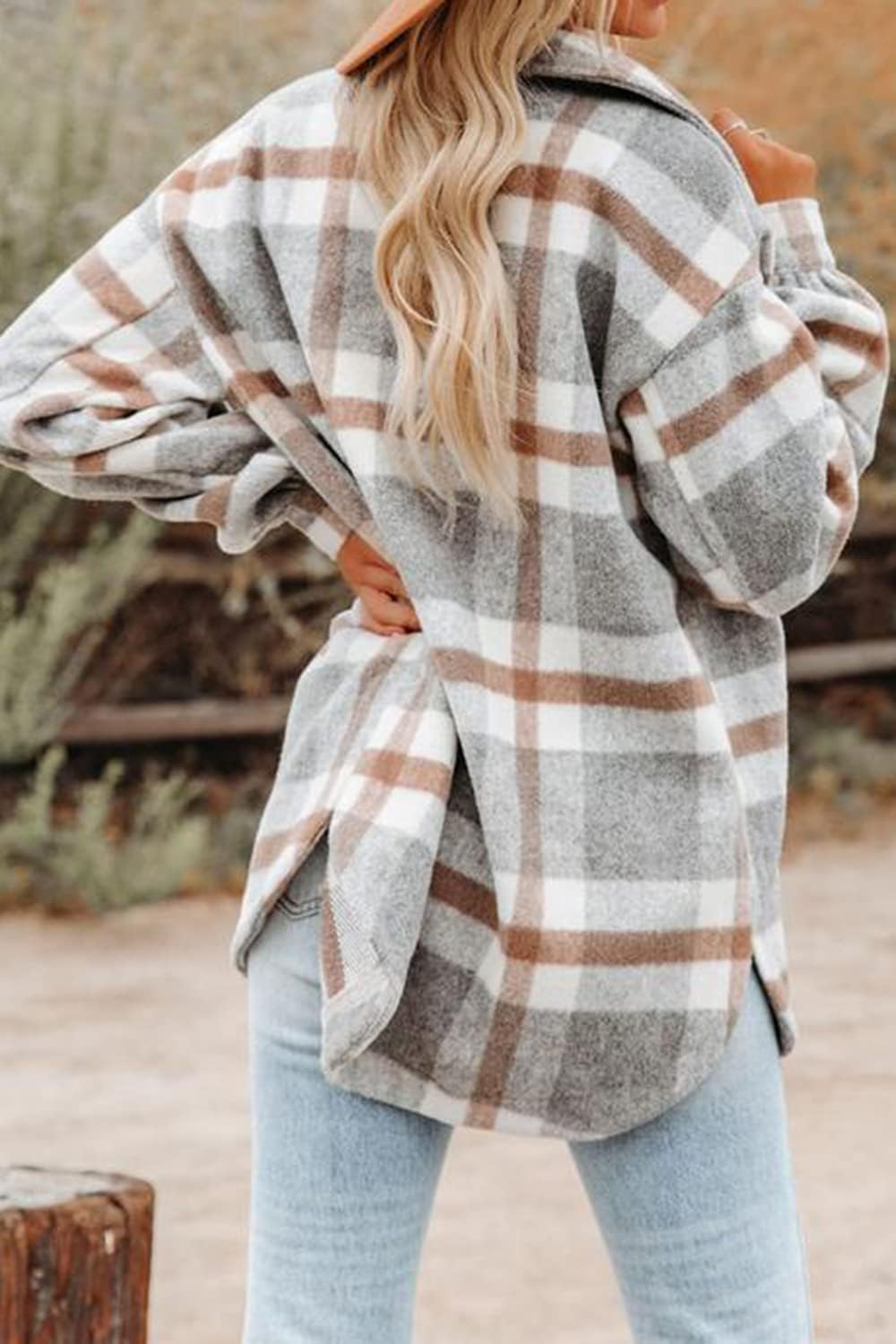 Beaully Women's Flannel Plaid Shacket Long Sleeve Button Down Shirts Jacket Coats with Side Pockets