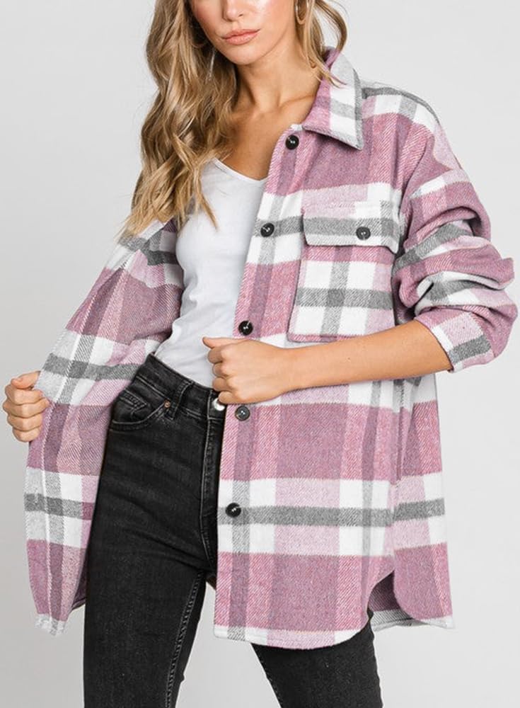 Beaully Women's Flannel Plaid Shacket Long Sleeve Button Down Shirts Jacket Coats with Side Pockets