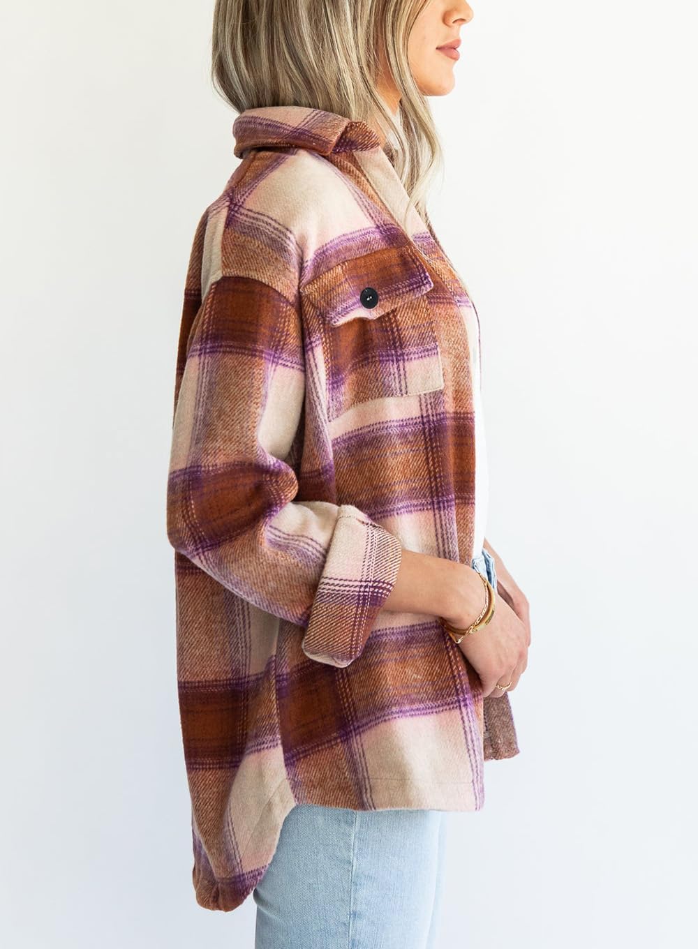 Beaully Women's Flannel Plaid Shacket Long Sleeve Button Down Shirts Jacket Coats with Side Pockets