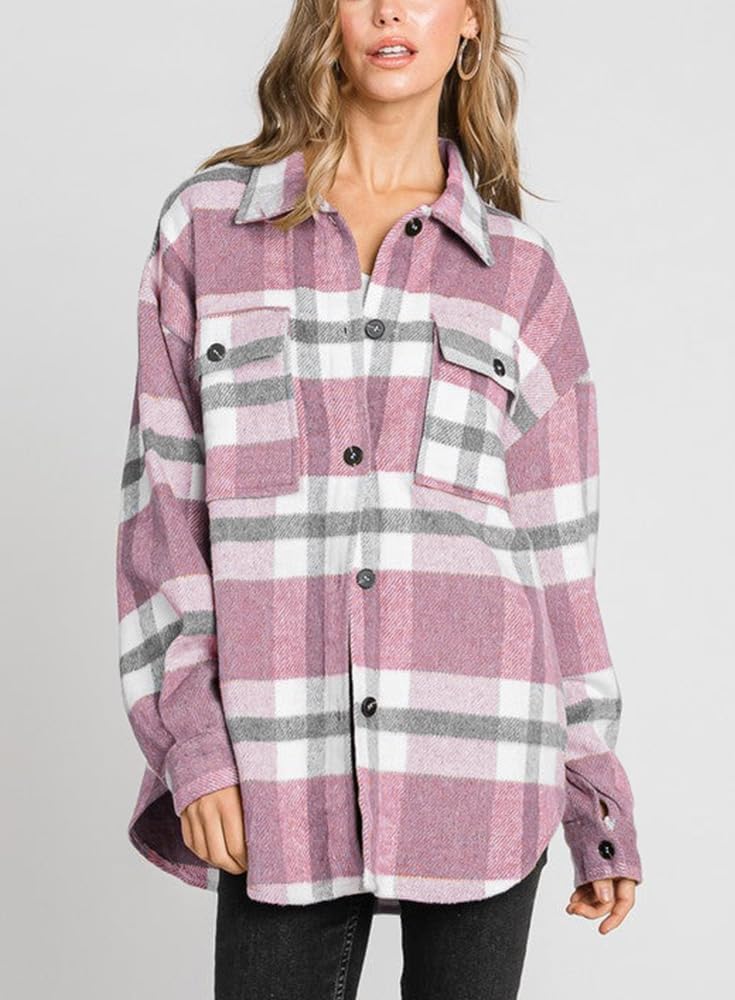 Beaully Women's Flannel Plaid Shacket Long Sleeve Button Down Shirts Jacket Coats with Side Pockets