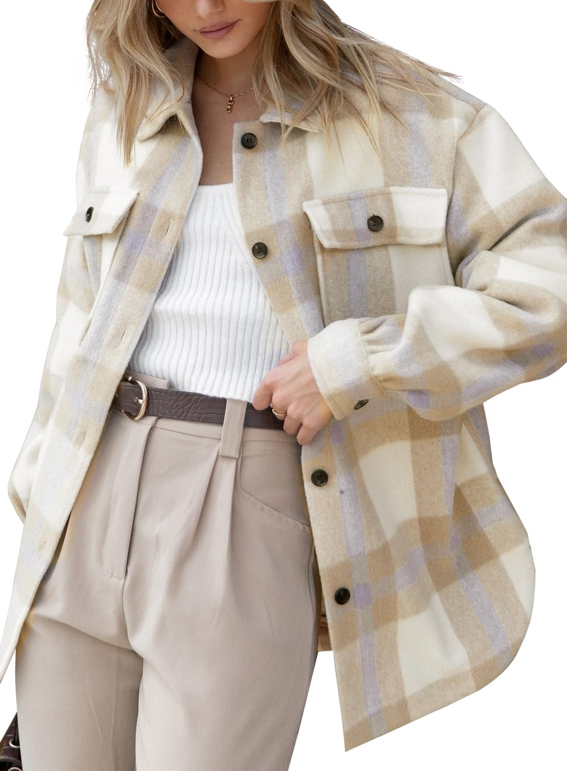Beaully Women's Flannel Plaid Shacket Long Sleeve Button Down Shirts Jacket Coats with Side Pockets