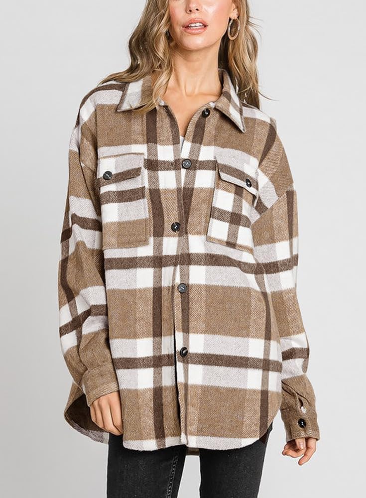 Beaully Women's Flannel Plaid Shacket Long Sleeve Button Down Shirts Jacket Coats with Side Pockets