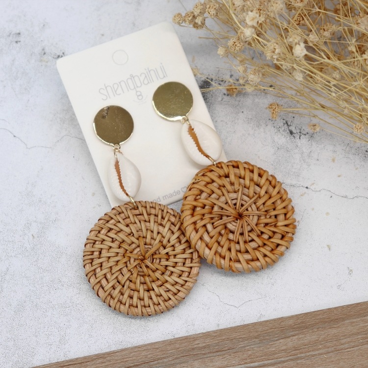 Retro handmade rattan woven earrings for women Bohemian beach holiday style versatile earrings temperament personality earrings
