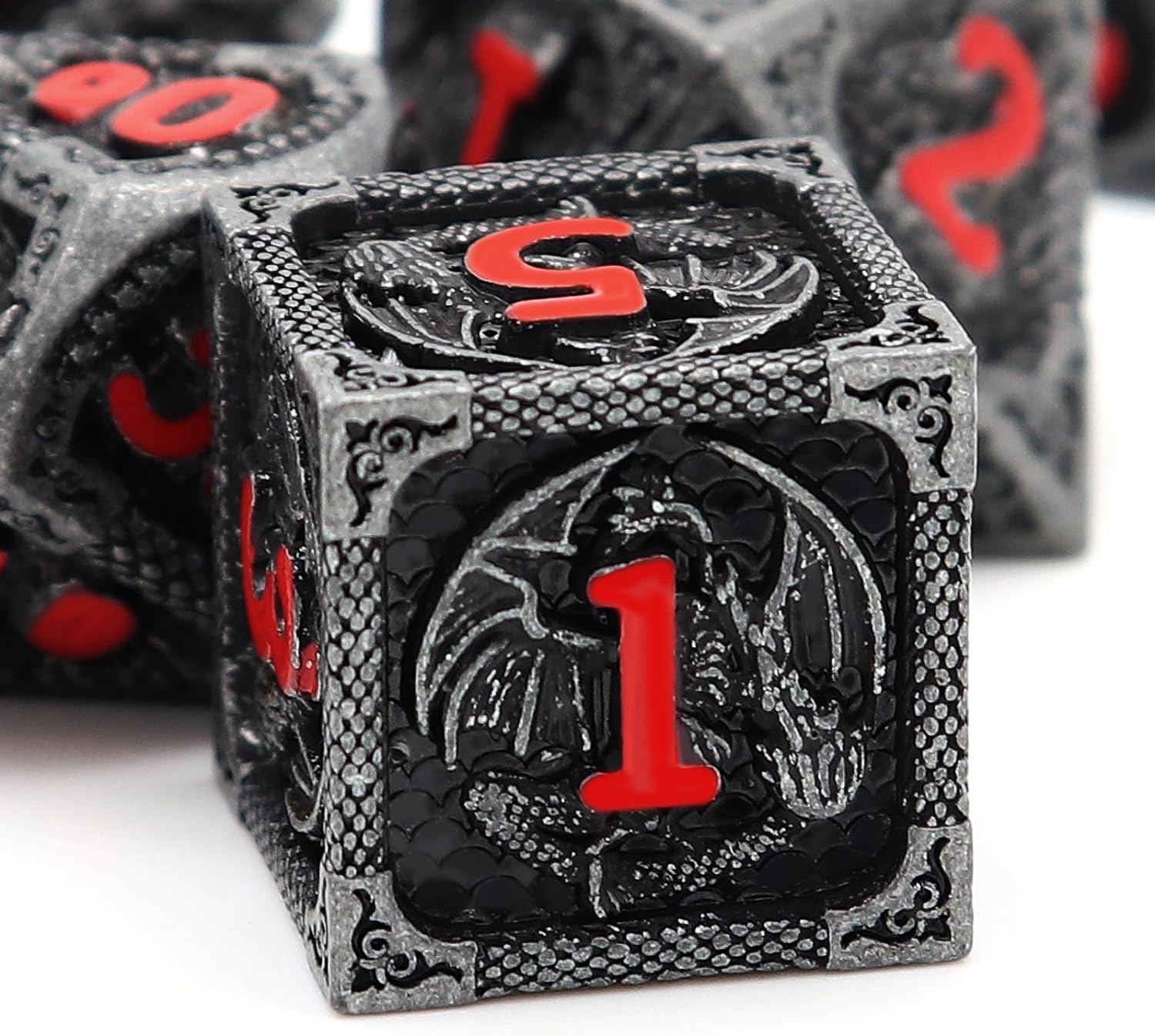 Haxtec Bloodstained Metal DND Dice Set Antique Iron Blood Metal D&D Dice Set Dragon Scale with Leather Dice Bag Bloodsplattered Metal Polyhedral Dice for Dungeons and Dragons TTRPG Gifts