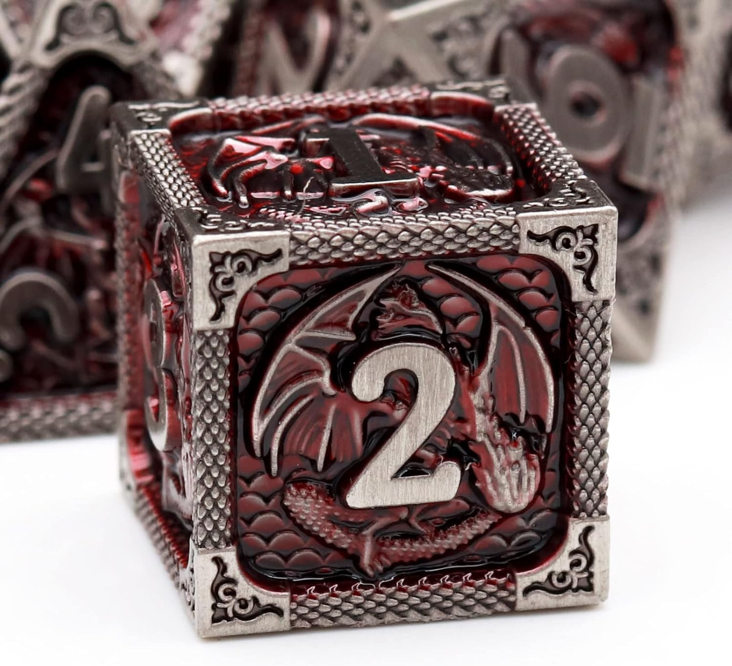 Haxtec Bloodstained Metal DND Dice Set Antique Iron Blood Metal D&D Dice Set Dragon Scale with Leather Dice Bag Bloodsplattered Metal Polyhedral Dice for Dungeons and Dragons TTRPG Gifts
