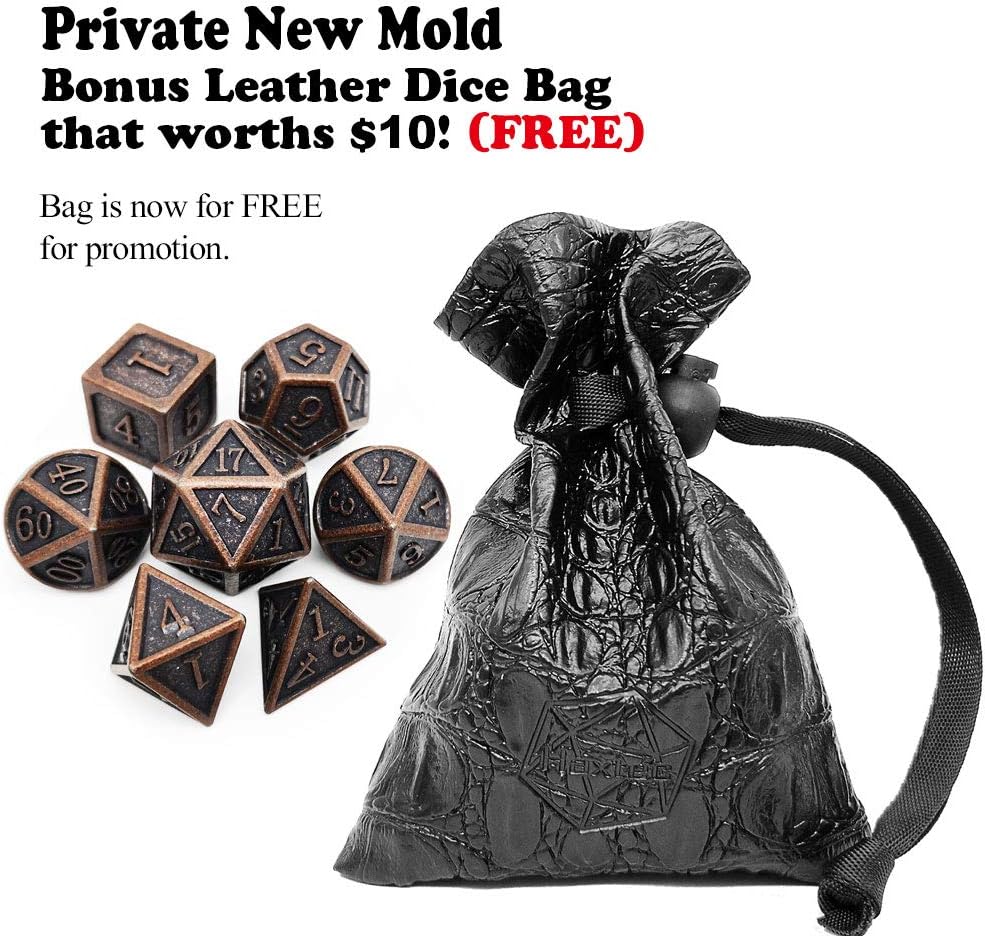 Haxtec Bloodstained Metal DND Dice Set Antique Iron Blood Metal D&D Dice Set Dragon Scale with Leather Dice Bag Bloodsplattered Metal Polyhedral Dice for Dungeons and Dragons TTRPG Gifts