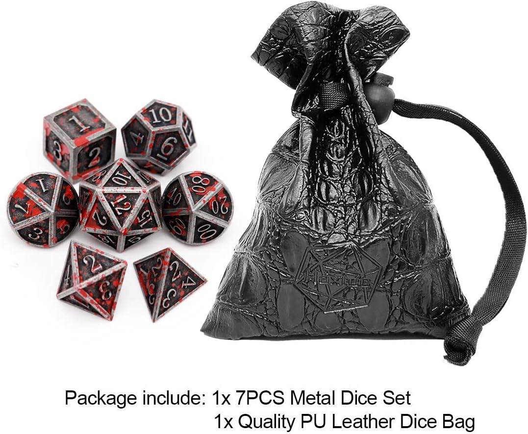 Haxtec Bloodstained Metal DND Dice Set Antique Iron Blood Metal D&D Dice Set Dragon Scale with Leather Dice Bag Bloodsplattered Metal Polyhedral Dice for Dungeons and Dragons TTRPG Gifts