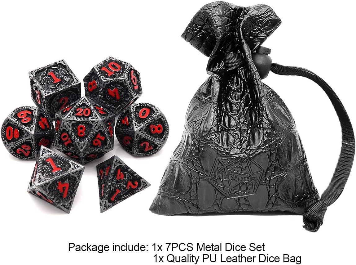 Haxtec Bloodstained Metal DND Dice Set Antique Iron Blood Metal D&D Dice Set Dragon Scale with Leather Dice Bag Bloodsplattered Metal Polyhedral Dice for Dungeons and Dragons TTRPG Gifts