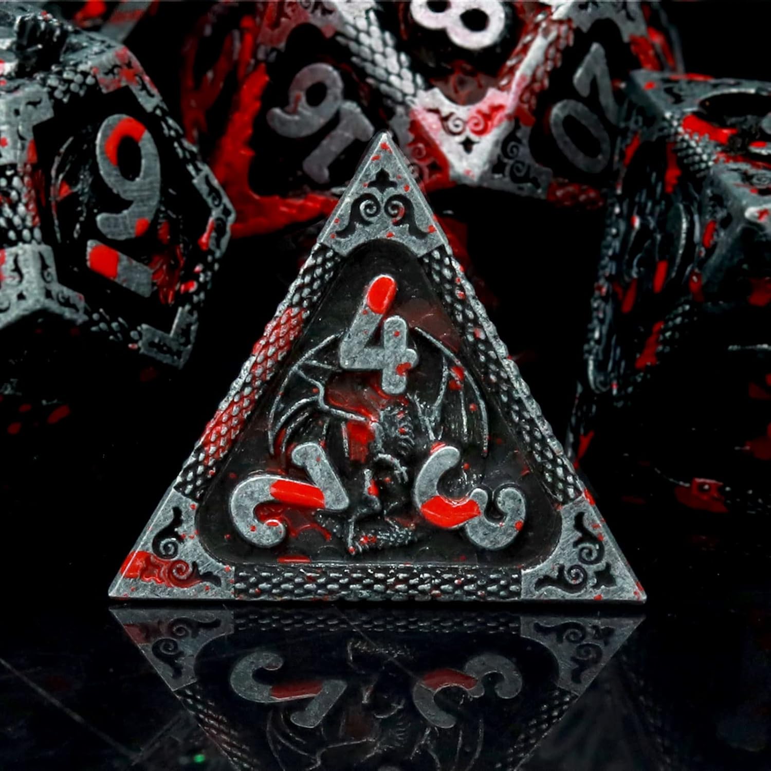Haxtec Bloodstained Metal DND Dice Set Antique Iron Blood Metal D&D Dice Set Dragon Scale with Leather Dice Bag Bloodsplattered Metal Polyhedral Dice for Dungeons and Dragons TTRPG Gifts