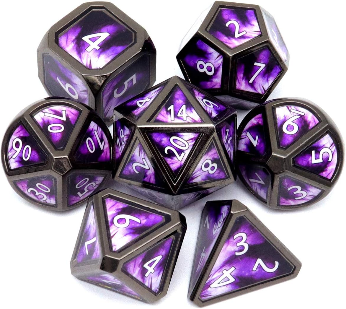 Haxtec Bloodstained Metal DND Dice Set Antique Iron Blood Metal D&D Dice Set Dragon Scale with Leather Dice Bag Bloodsplattered Metal Polyhedral Dice for Dungeons and Dragons TTRPG Gifts
