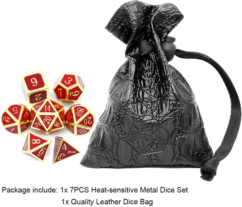 Haxtec Bloodstained Metal DND Dice Set Antique Iron Blood Metal D&D Dice Set Dragon Scale with Leather Dice Bag Bloodsplattered Metal Polyhedral Dice for Dungeons and Dragons TTRPG Gifts