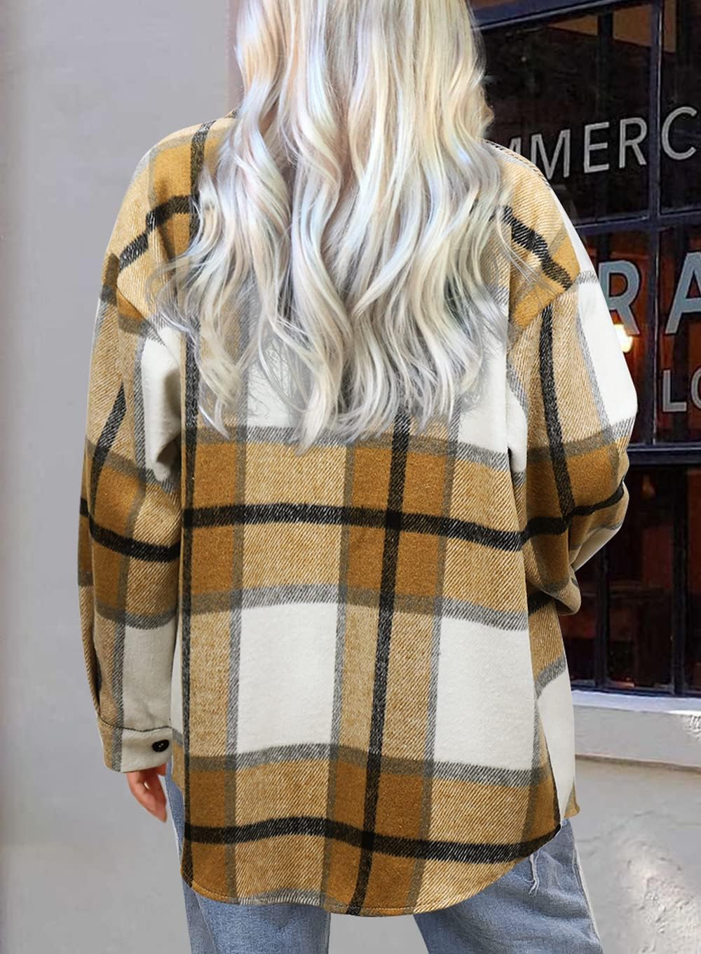 Beaully Women's Flannel Plaid Shacket Long Sleeve Button Down Shirts Jacket Coats with Side Pockets