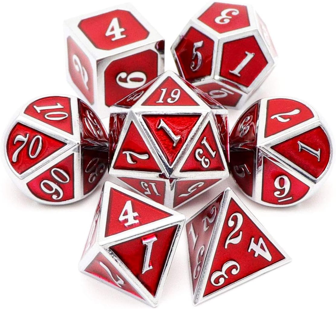 Haxtec Bloodstained Metal DND Dice Set Antique Iron Blood Metal D&D Dice Set Dragon Scale with Leather Dice Bag Bloodsplattered Metal Polyhedral Dice for Dungeons and Dragons TTRPG Gifts