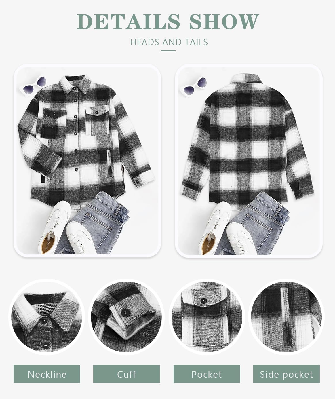 Beaully Women's Flannel Plaid Shacket Long Sleeve Button Down Shirts Jacket Coats with Side Pockets