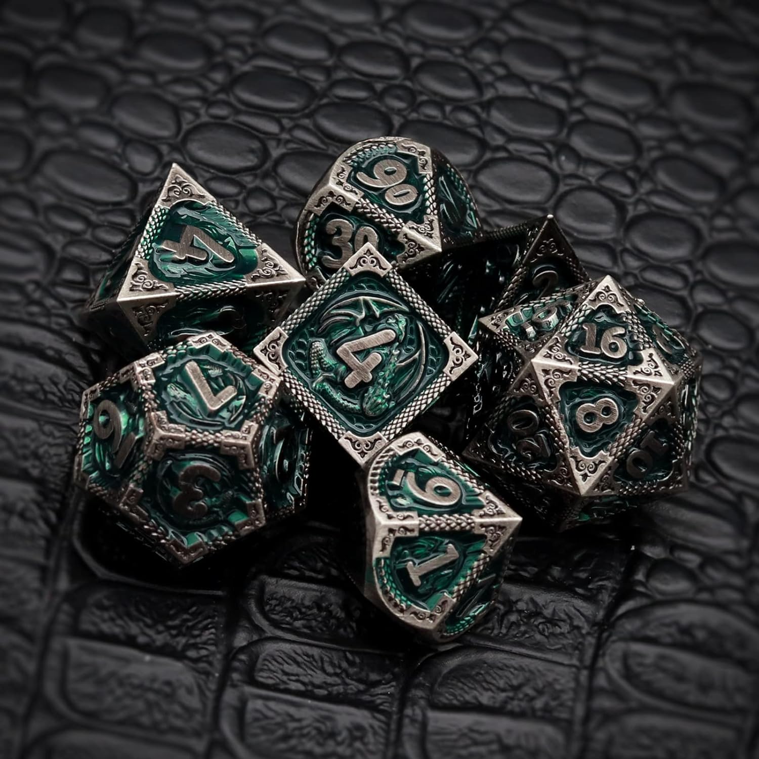 Haxtec Bloodstained Metal DND Dice Set Antique Iron Blood Metal D&D Dice Set Dragon Scale with Leather Dice Bag Bloodsplattered Metal Polyhedral Dice for Dungeons and Dragons TTRPG Gifts