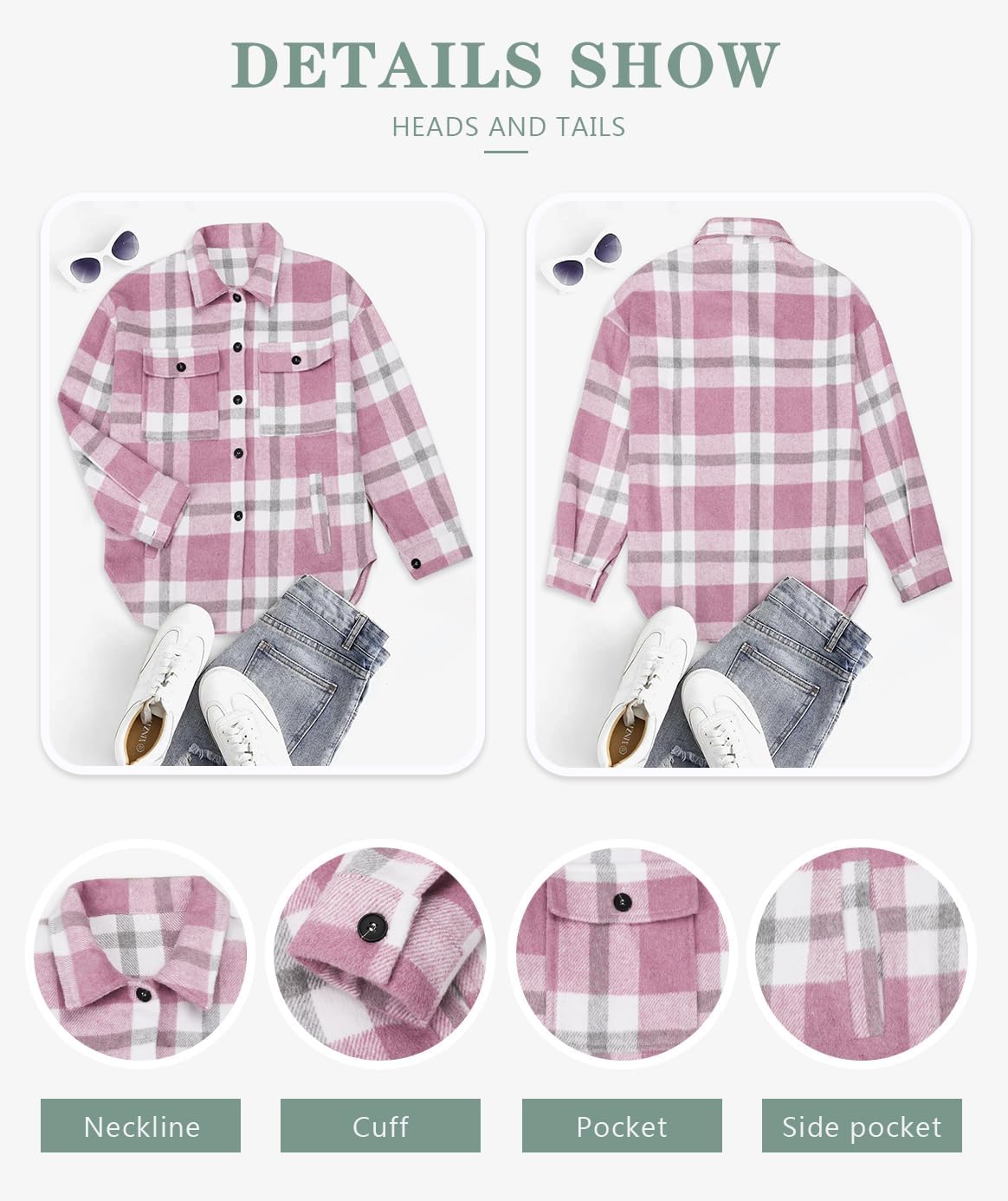 Beaully Women's Flannel Plaid Shacket Long Sleeve Button Down Shirts Jacket Coats with Side Pockets