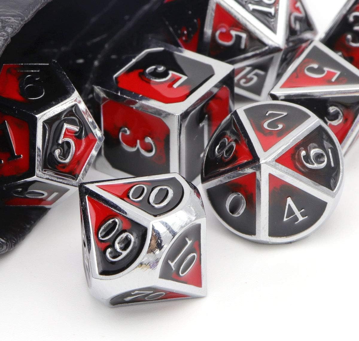 Haxtec Bloodstained Metal DND Dice Set Antique Iron Blood Metal D&D Dice Set Dragon Scale with Leather Dice Bag Bloodsplattered Metal Polyhedral Dice for Dungeons and Dragons TTRPG Gifts