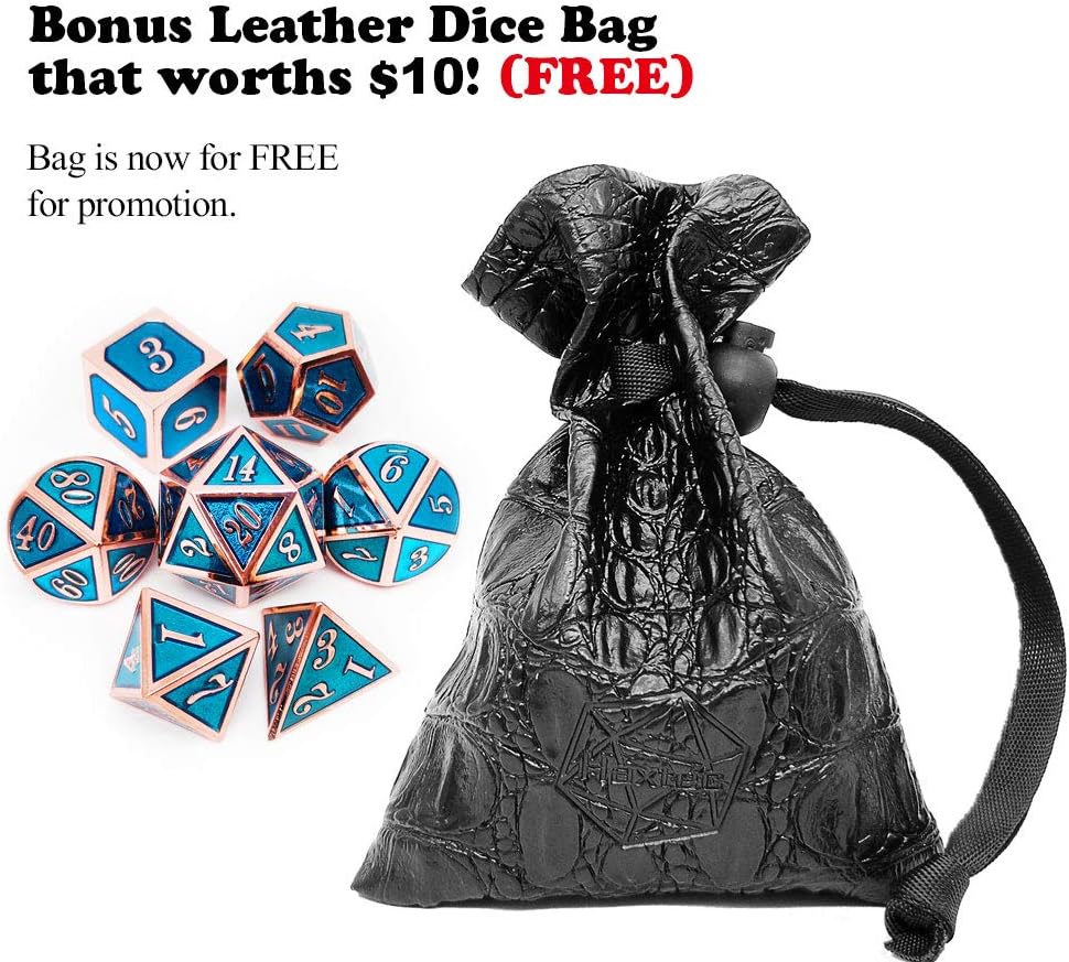 Haxtec Bloodstained Metal DND Dice Set Antique Iron Blood Metal D&D Dice Set Dragon Scale with Leather Dice Bag Bloodsplattered Metal Polyhedral Dice for Dungeons and Dragons TTRPG Gifts