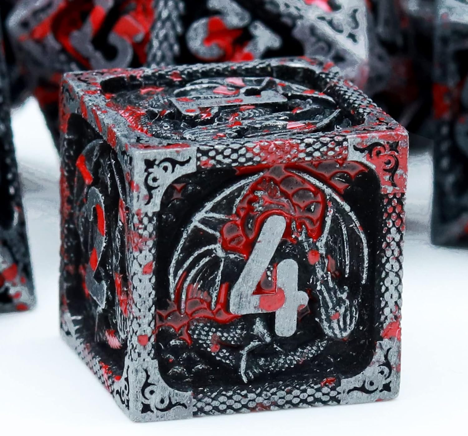 Haxtec Bloodstained Metal DND Dice Set Antique Iron Blood Metal D&D Dice Set Dragon Scale with Leather Dice Bag Bloodsplattered Metal Polyhedral Dice for Dungeons and Dragons TTRPG Gifts