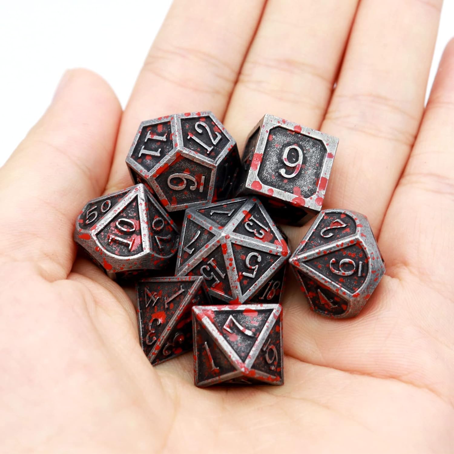 Haxtec Bloodstained Metal DND Dice Set Antique Iron Blood Metal D&D Dice Set Dragon Scale with Leather Dice Bag Bloodsplattered Metal Polyhedral Dice for Dungeons and Dragons TTRPG Gifts