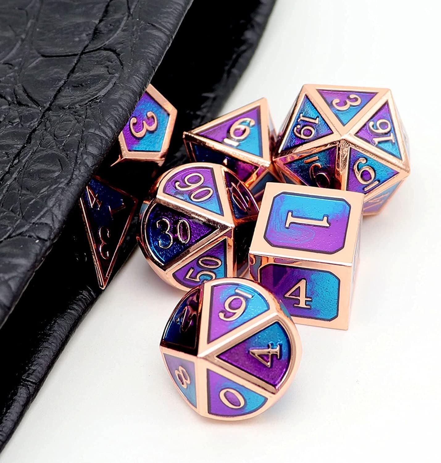 Haxtec Bloodstained Metal DND Dice Set Antique Iron Blood Metal D&D Dice Set Dragon Scale with Leather Dice Bag Bloodsplattered Metal Polyhedral Dice for Dungeons and Dragons TTRPG Gifts
